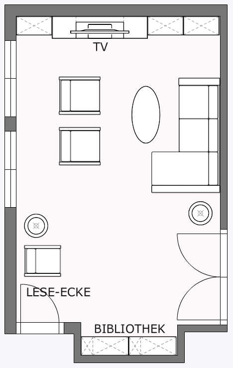 wohnzimmer mit bibliothek